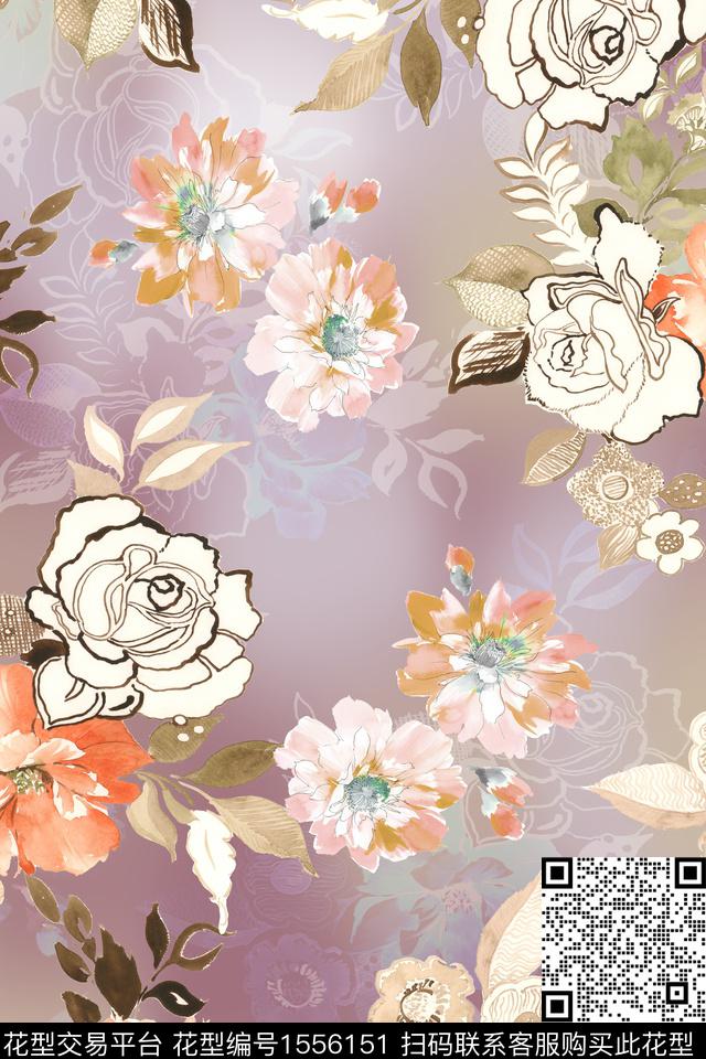 水彩影花底纹数码印花华亿平台下载（图片编号: 1556151） - 瓦栏（Walan）