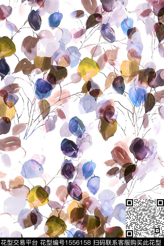 抽象水彩叶子数码印花华亿平台下载（图片编号: 1556158） - 瓦栏（Walan）