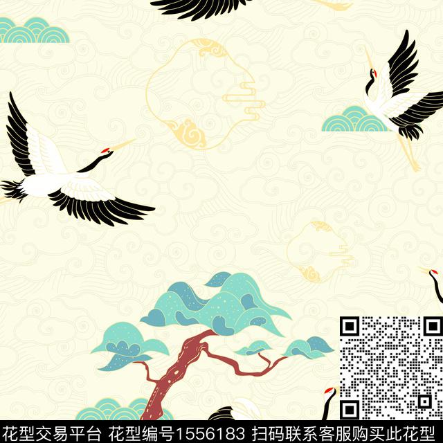 祥云仙鹤旗袍数码印花华亿平台下载（图片编号: 1556183） - 瓦栏（Walan）