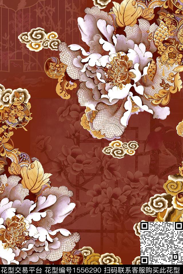 大花中国风真丝数码印花华亿平台下载（图片编号: 1556290） - 瓦栏（Walan）