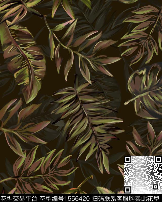 绿植树叶手绘数码印花华亿平台下载（图片编号: 1556420） - 瓦栏（Walan）