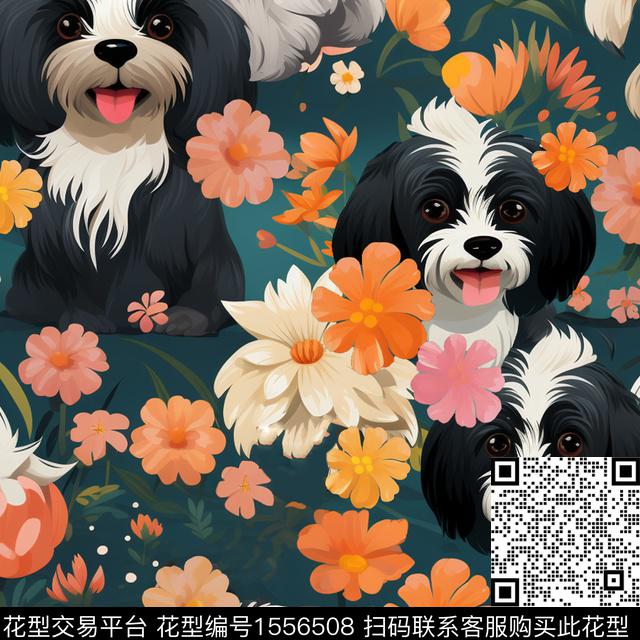 花卉狗趣味数码印花华亿平台下载（图片编号: 1556508） - 瓦栏（Walan）