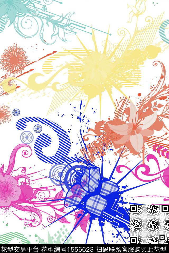 撞色线条花卉数码印花华亿平台下载（图片编号: 1556623） - 瓦栏（Walan）