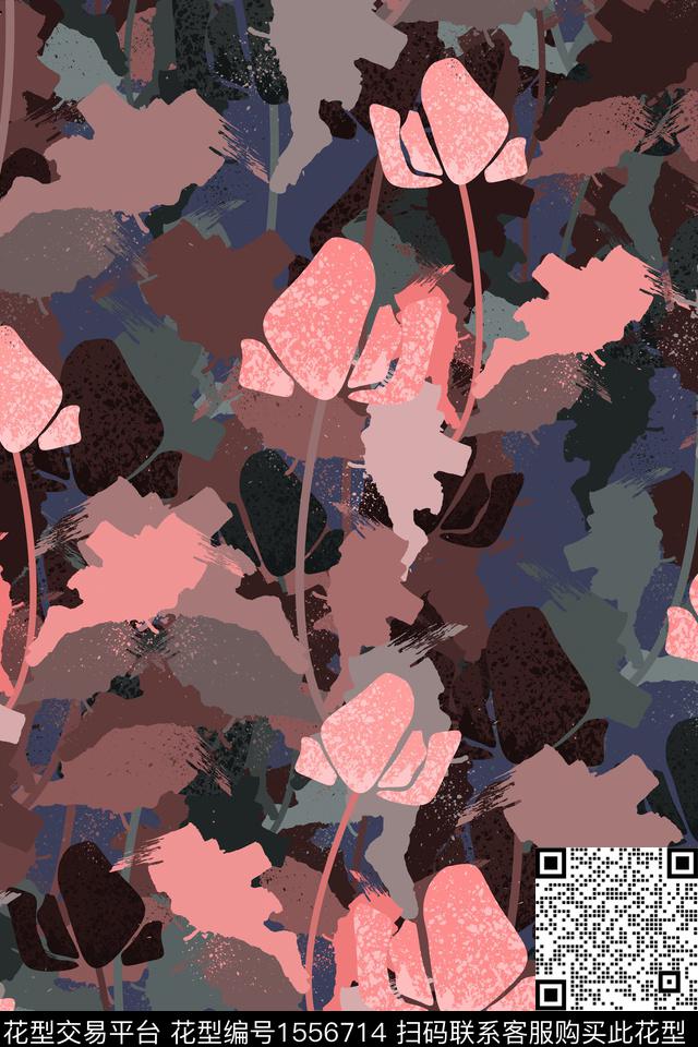 抽象花卉线条数码印花华亿平台下载（图片编号: 1556714） - 瓦栏（Walan）