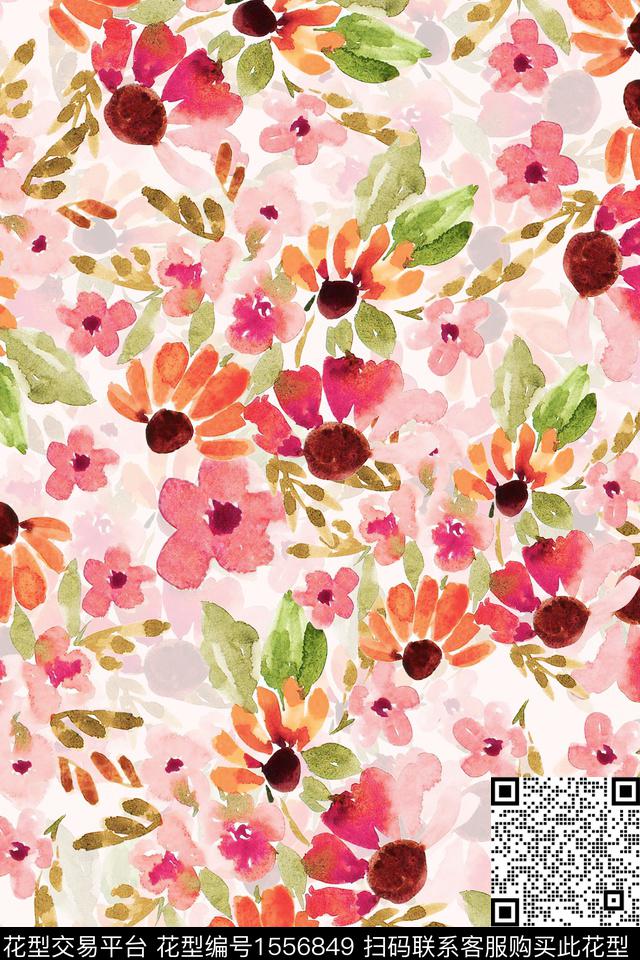 水彩影花花卉数码印花华亿平台下载（图片编号: 1556849） - 瓦栏（Walan）