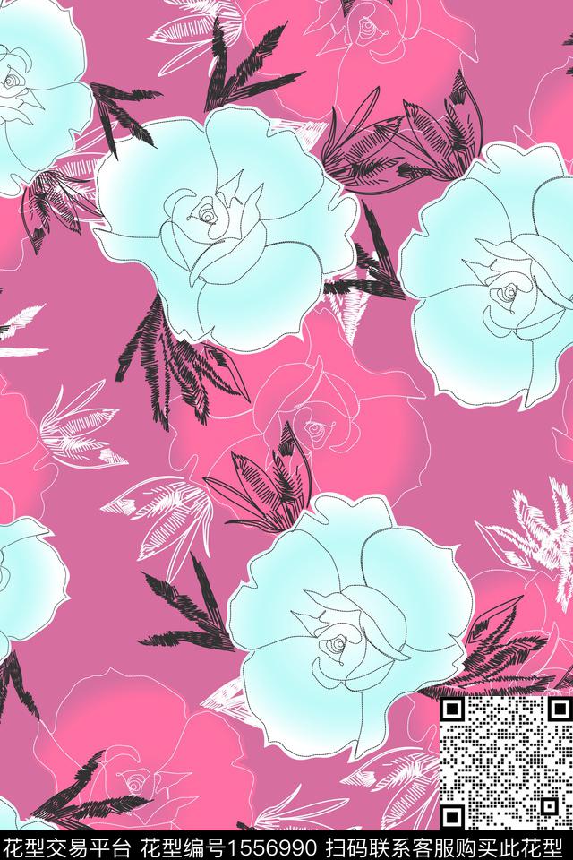 线条影花花卉数码印花华亿平台下载（图片编号: 1556990） - 瓦栏（Walan）