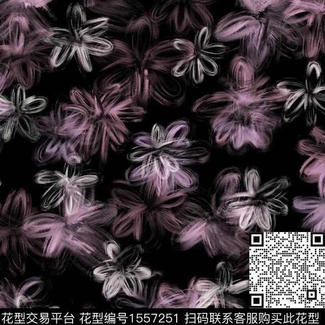 花卉黑底花卉笔触数码印花华亿平台下载（图片编号: 1557251） - 瓦栏（Walan）