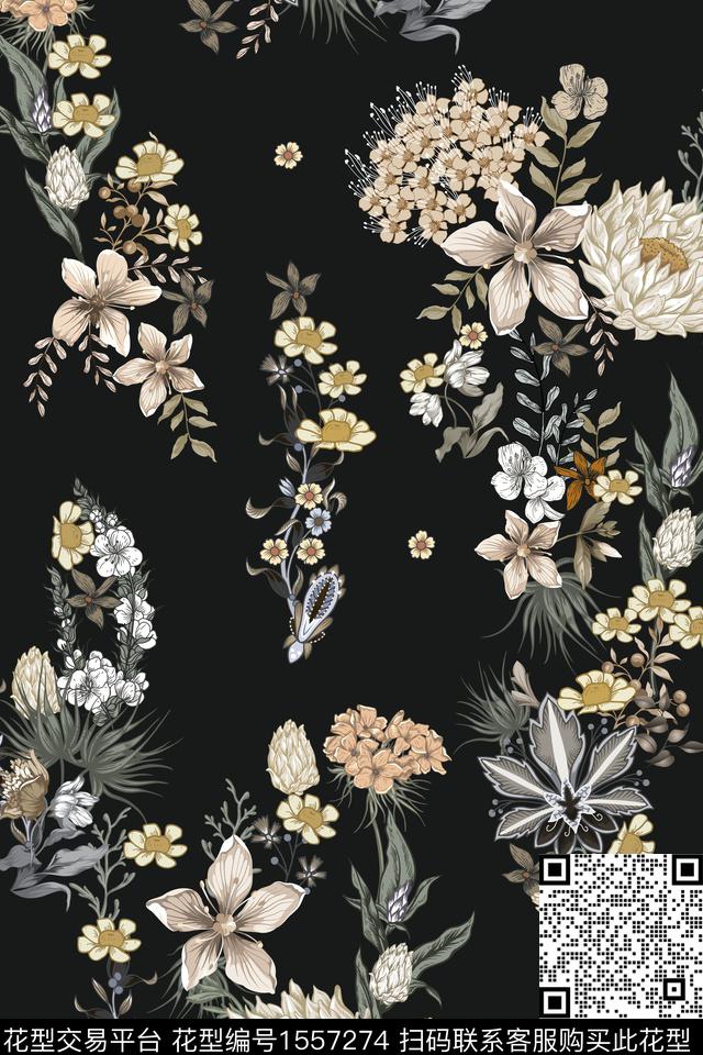 黑底花卉植物花卉数码印花华亿平台下载（图片编号: 1557274） - 瓦栏（Walan）