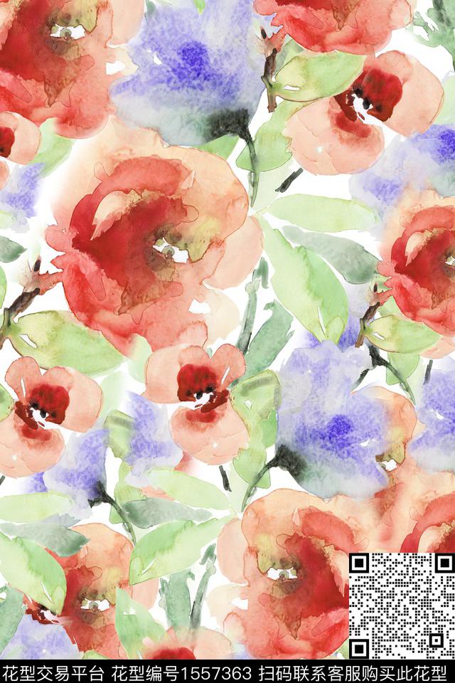 水彩大花花卉数码印花华亿平台下载（图片编号: 1557363） - 瓦栏（Walan）