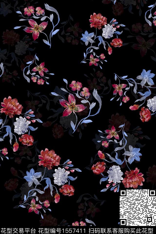 油画影花黑底花卉数码印花华亿平台下载（图片编号: 1557411） - 瓦栏（Walan）