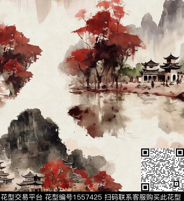 风景水彩水墨数码印花华亿平台下载（图片编号: 1557425） - 瓦栏（Walan）