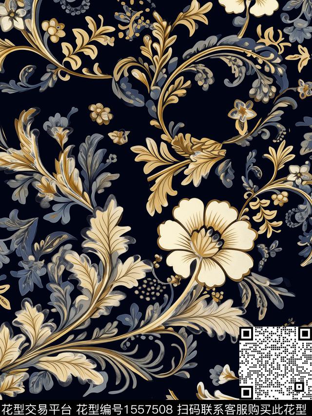 卷草中国风黑底花卉数码印花华亿平台下载（图片编号: 1557508） - 瓦栏（Walan）