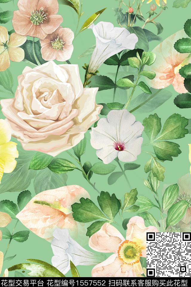 手绘大花植物大花数码印花华亿平台下载（图片编号: 1557552） - 瓦栏（Walan）