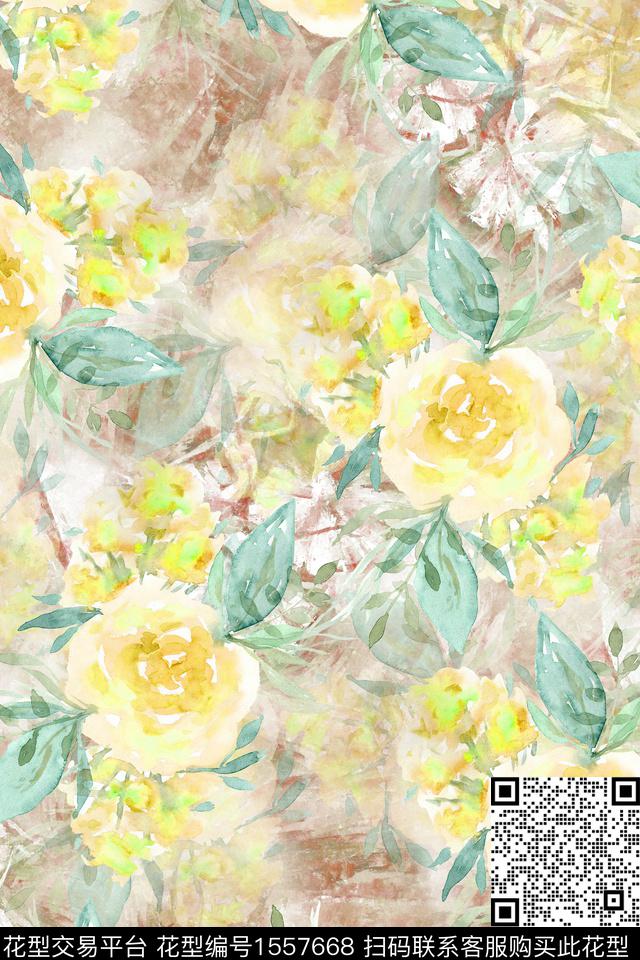 水彩肌理花卉数码印花华亿平台下载（图片编号: 1557668） - 瓦栏（Walan）