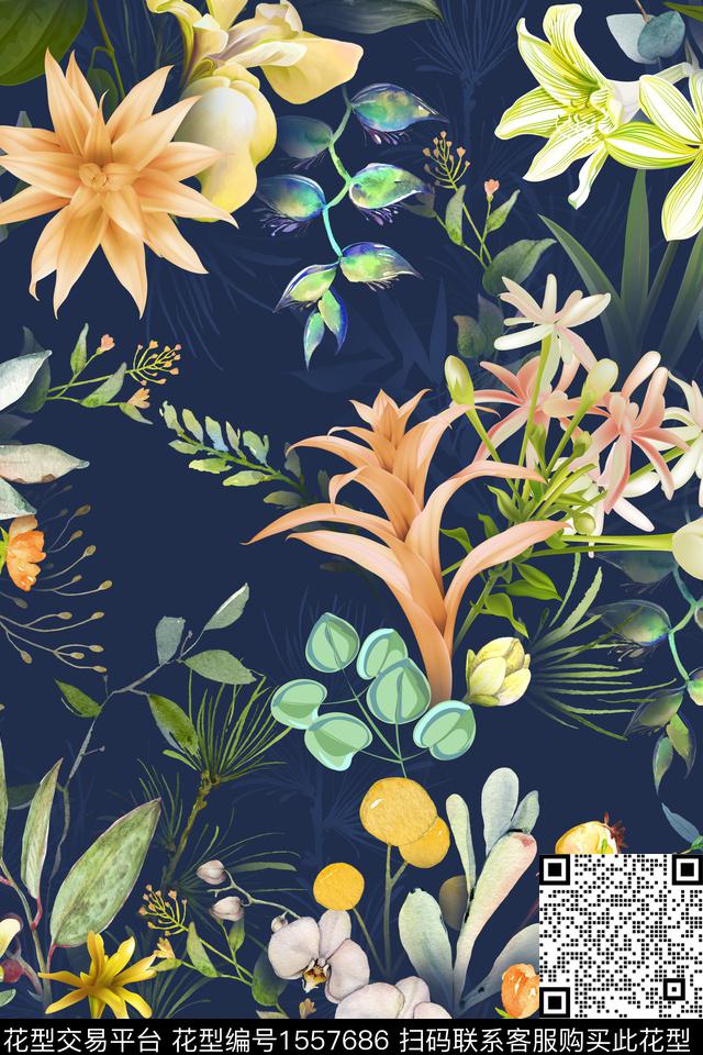 植物大花黑底花卉数码印花华亿平台下载（图片编号: 1557686） - 瓦栏（Walan）