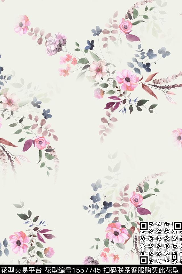 绿植树叶花卉手绘花卉数码印花华亿平台下载（图片编号: 1557745） - 瓦栏（Walan）