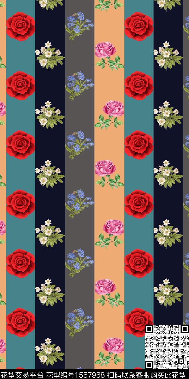 花卉条纹数码印花华亿平台下载（图片编号: 1557968） - 瓦栏（Walan）