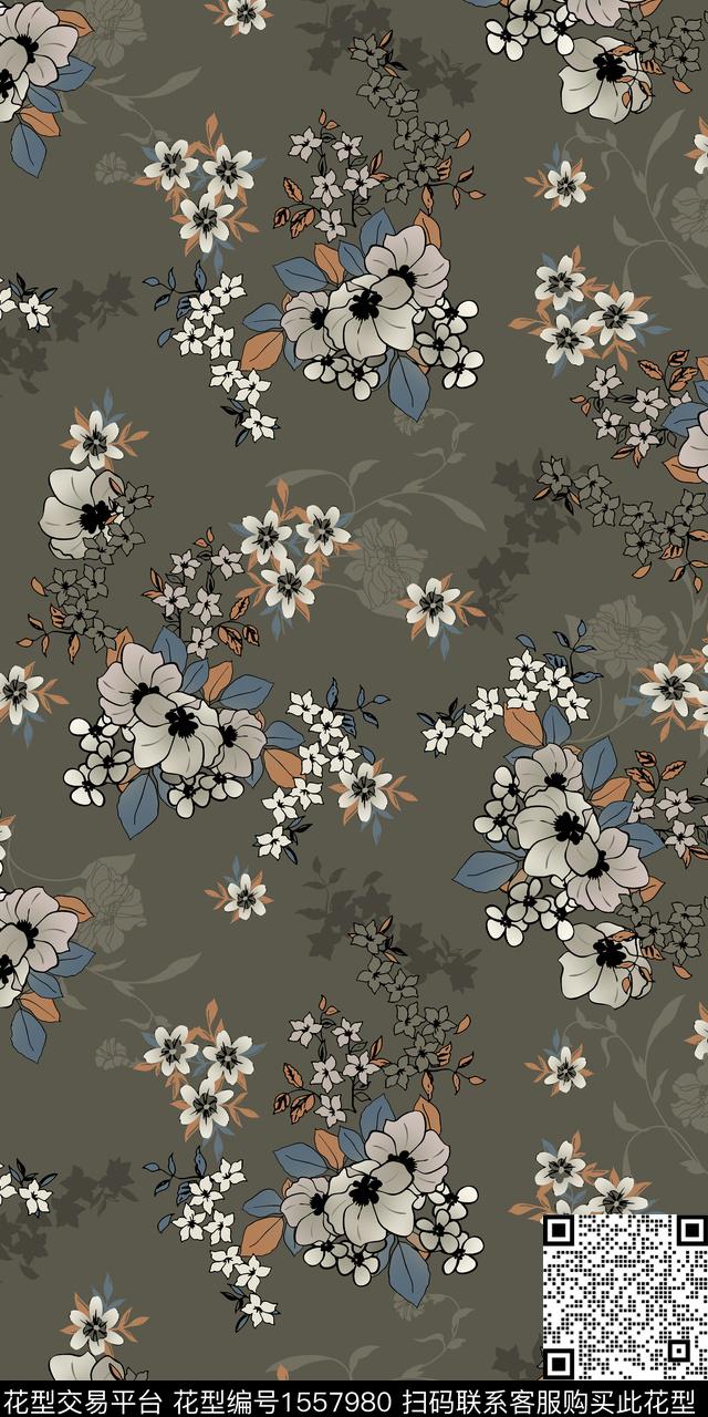 满版散花影花复古数码印花华亿平台下载（图片编号: 1557980） - 瓦栏（Walan）