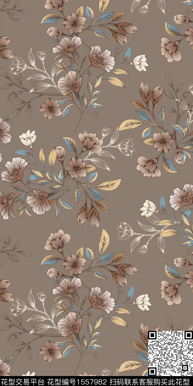 满版散花复古平面花卉数码印花华亿平台下载（图片编号: 1557982） - 瓦栏（Walan）