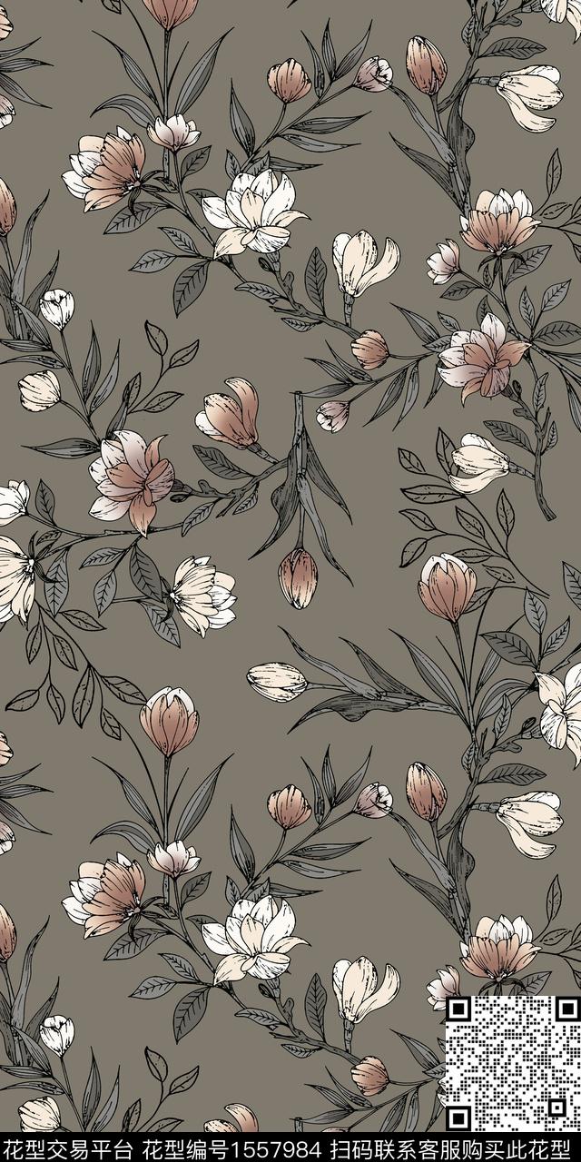 满版散花复古平面花卉数码印花华亿平台下载（图片编号: 1557984） - 瓦栏（Walan）