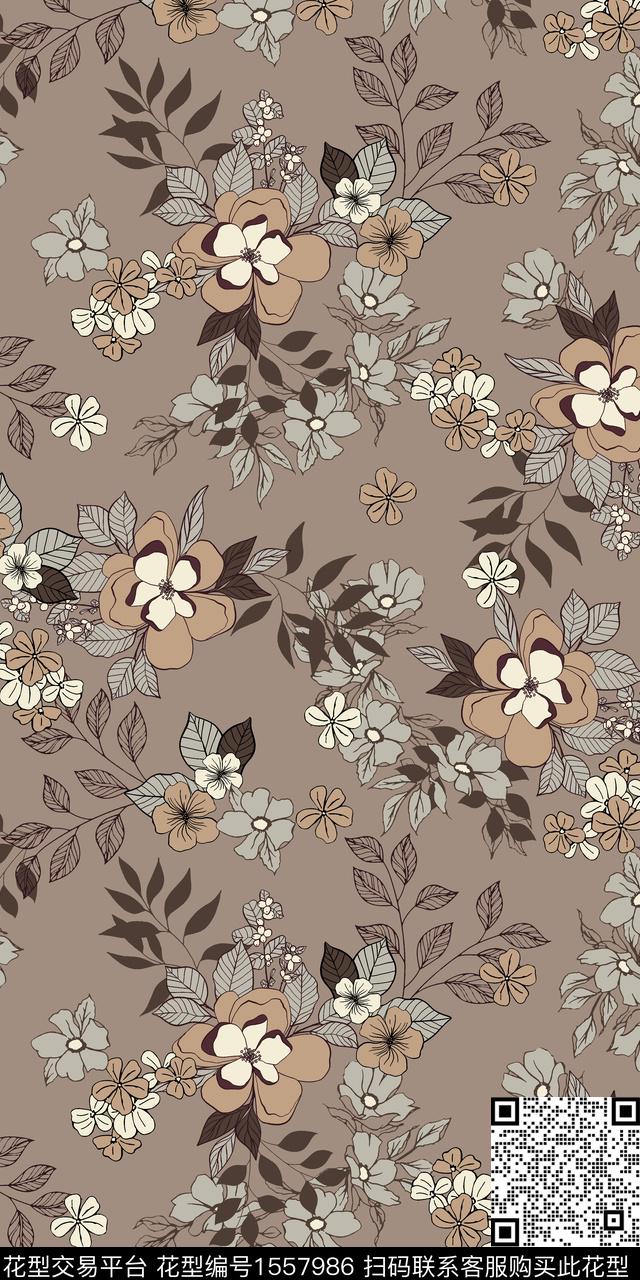 满版散花复古平面花卉数码印花华亿平台下载（图片编号: 1557986） - 瓦栏（Walan）