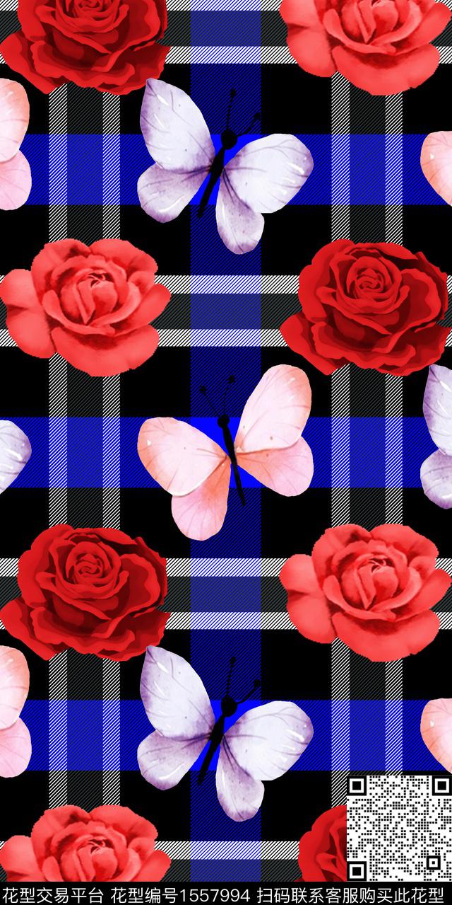 花卉格子蝴蝶数码印花华亿平台下载（图片编号: 1557994） - 瓦栏（Walan）