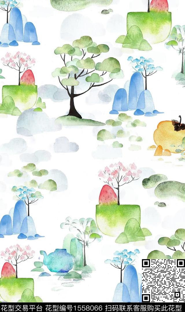 抽象风景树木数码印花华亿平台下载（图片编号: 1558066） - 瓦栏（Walan）