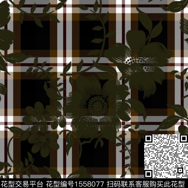 格子花卉暗色调数码印花华亿平台下载（图片编号: 1558077） - 瓦栏（Walan）