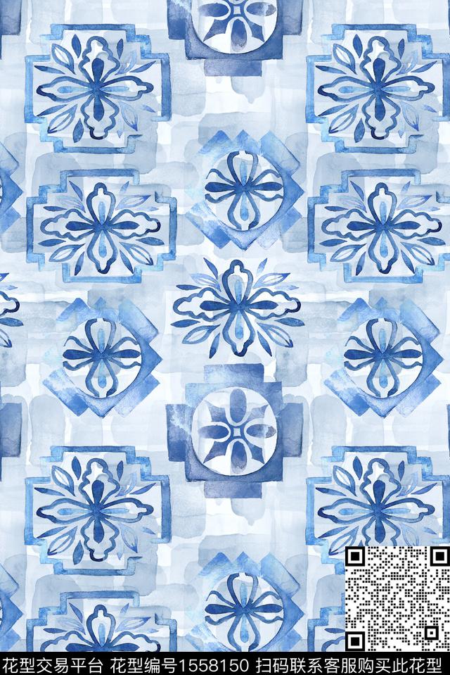 底纹民族风青花瓷数码印花华亿平台下载（图片编号: 1558150） - 瓦栏（Walan）
