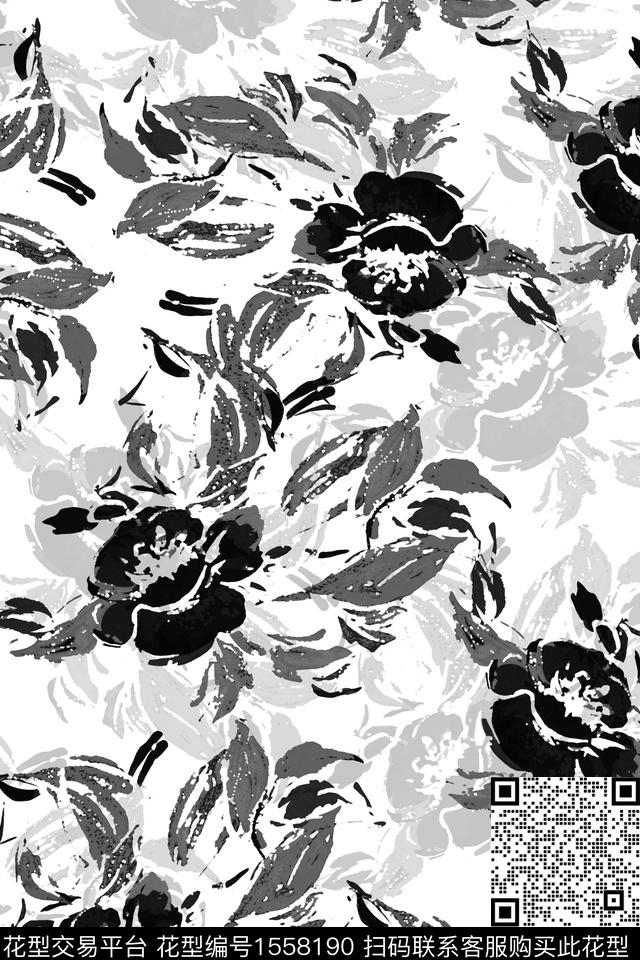 影花花卉黑白华亿平台数码印花华亿平台下载（图片编号: 1558190） - 瓦栏（Walan）