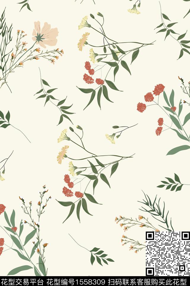 绿植树叶手绘清爽底花卉数码印花华亿平台下载（图片编号: 1558309） - 瓦栏（Walan）