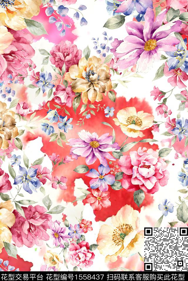 花卉底纹水彩数码印花华亿平台下载（图片编号: 1558437） - 瓦栏（Walan）