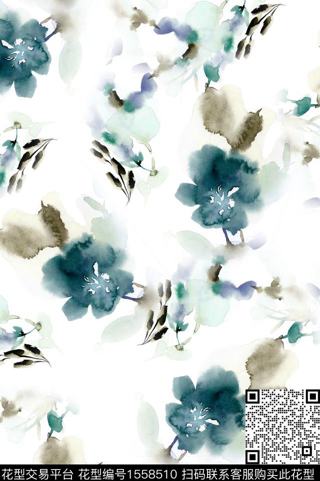 水彩花卉水墨数码印花华亿平台下载（图片编号: 1558510） - 瓦栏（Walan）