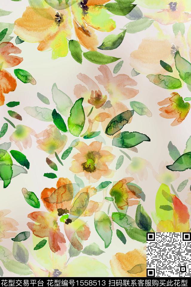 满版散花水彩花卉数码印花华亿平台下载（图片编号: 1558513） - 瓦栏（Walan）
