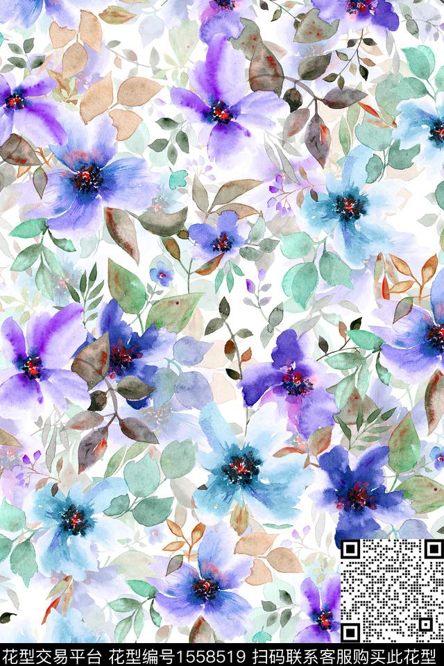 满版散花水彩花卉数码印花华亿平台下载（图片编号: 1558519） - 瓦栏（Walan）