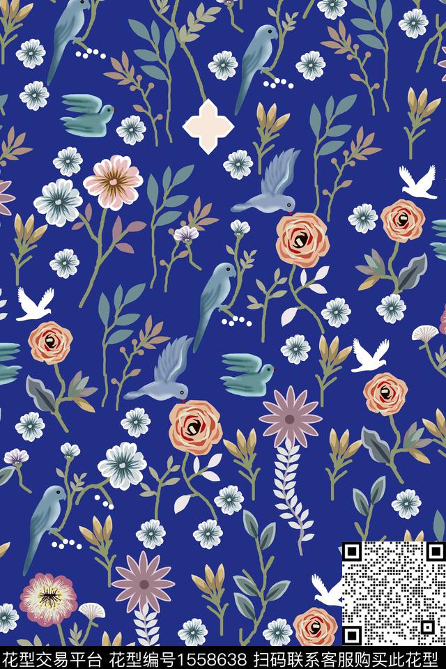 满版散花小碎花花鸟传统印花华亿平台下载（图片编号: 1558638） - 瓦栏（Walan）