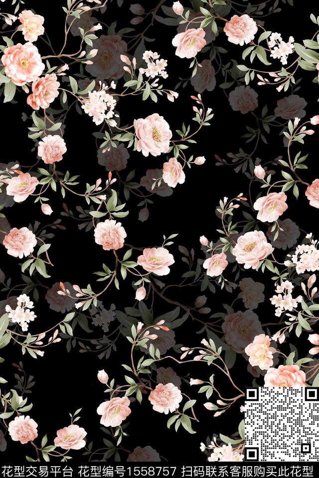 黑底花卉花卉影花数码印花华亿平台下载（图片编号: 1558757） - 瓦栏（Walan）