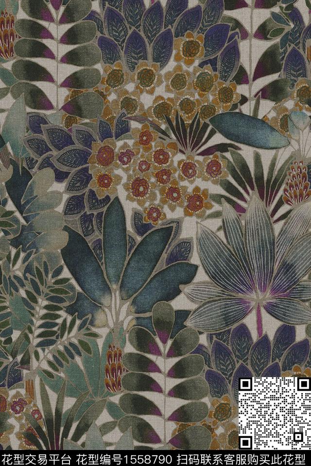 植物时尚褪色花卉数码印花华亿平台下载（图片编号: 1558790） - 瓦栏（Walan）