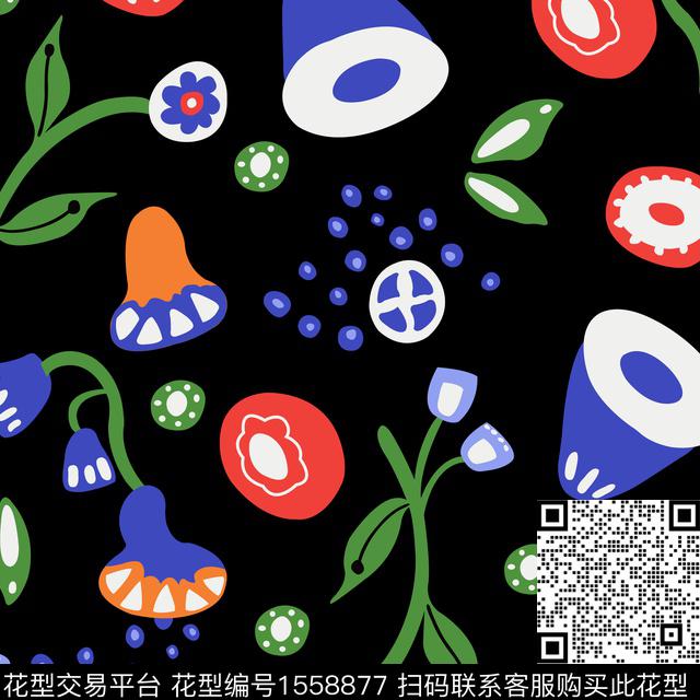 黑底花卉花卉植物数码印花华亿平台下载（图片编号: 1558877） - 瓦栏（Walan）