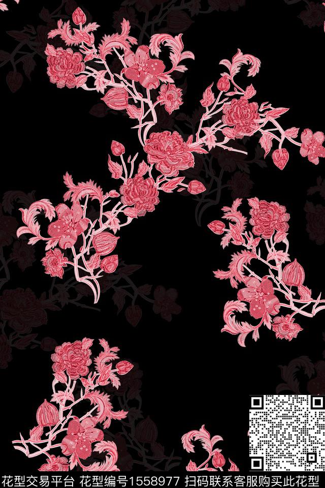黑底花卉花卉刺绣数码印花华亿平台下载（图片编号: 1558977） - 瓦栏（Walan）