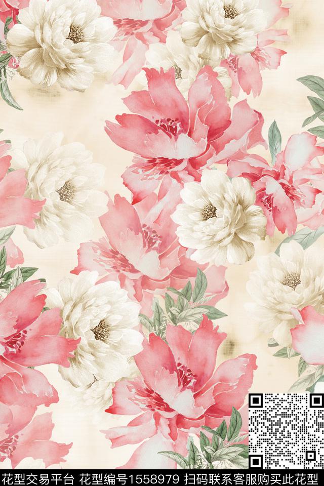 花卉水彩大花数码印花华亿平台下载（图片编号: 1558979） - 瓦栏（Walan）