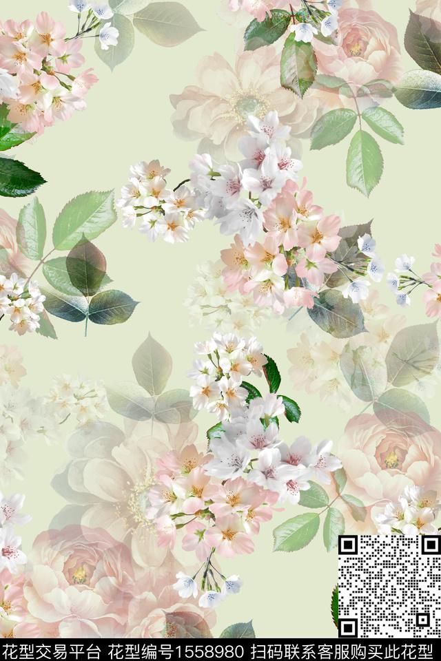 花卉影花清爽数码印花华亿平台下载（图片编号: 1558980） - 瓦栏（Walan）
