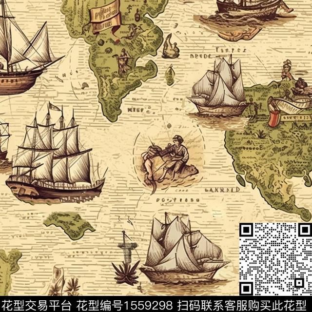 复古地图帆船数码印花华亿平台下载（图片编号: 1559298） - 瓦栏（Walan）