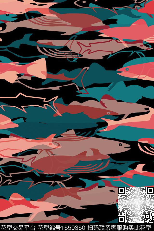 鱼抽象线条传统印花华亿平台下载（图片编号: 1559350） - 瓦栏（Walan）