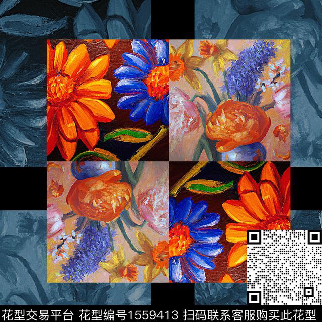 油画花卉几何数码印花华亿平台下载（图片编号: 1559413） - 瓦栏（Walan）