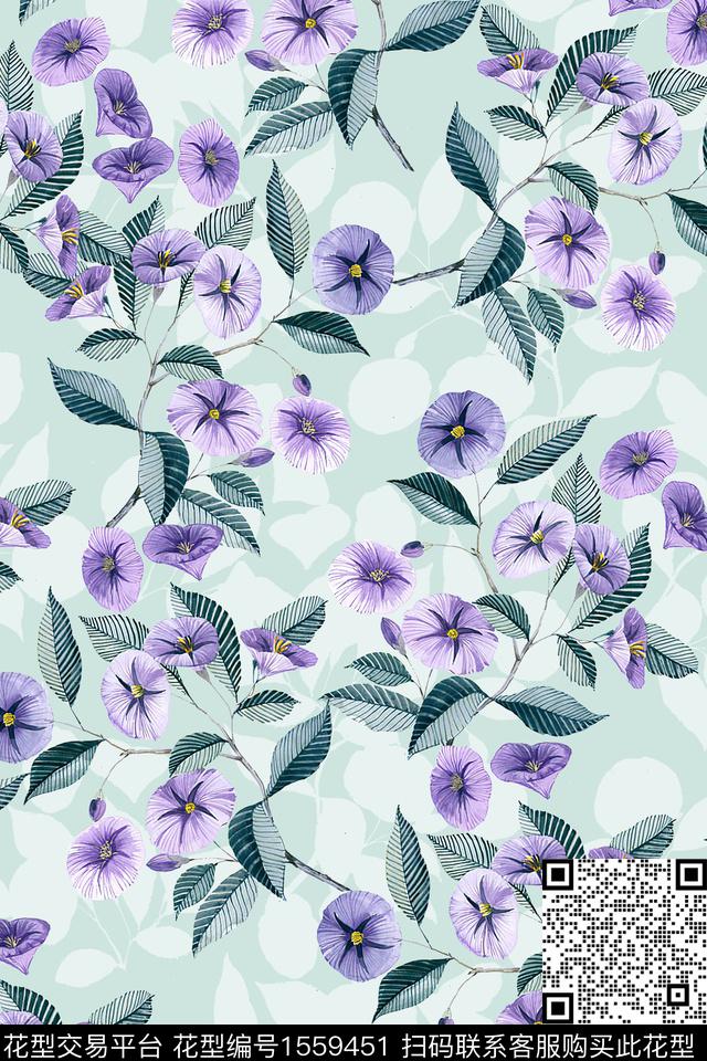 花卉剪影喇叭花数码印花华亿平台下载（图片编号: 1559451） - 瓦栏（Walan）