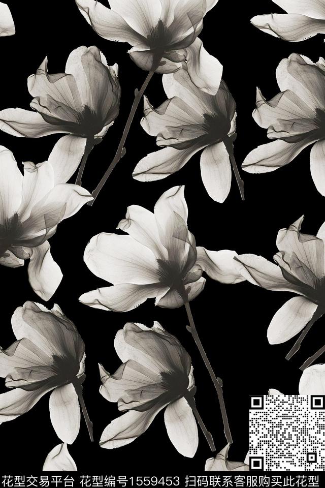 花卉黑底花卉枝条花数码印花华亿平台下载（图片编号: 1559453） - 瓦栏（Walan）