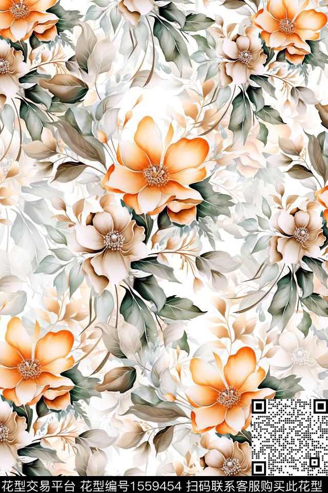 时尚花卉水彩数码印花华亿平台下载（图片编号: 1559454） - 瓦栏（Walan）