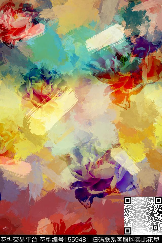 花卉抽象水彩数码印花华亿平台下载（图片编号: 1559481） - 瓦栏（Walan）