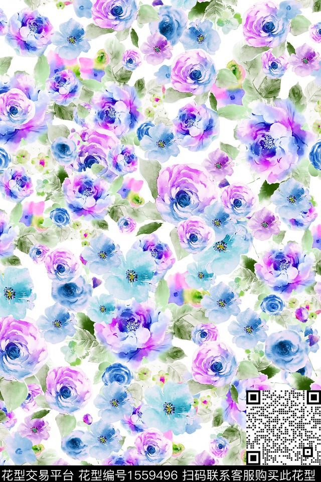 小清新水彩花卉数码印花华亿平台下载（图片编号: 1559496） - 瓦栏（Walan）